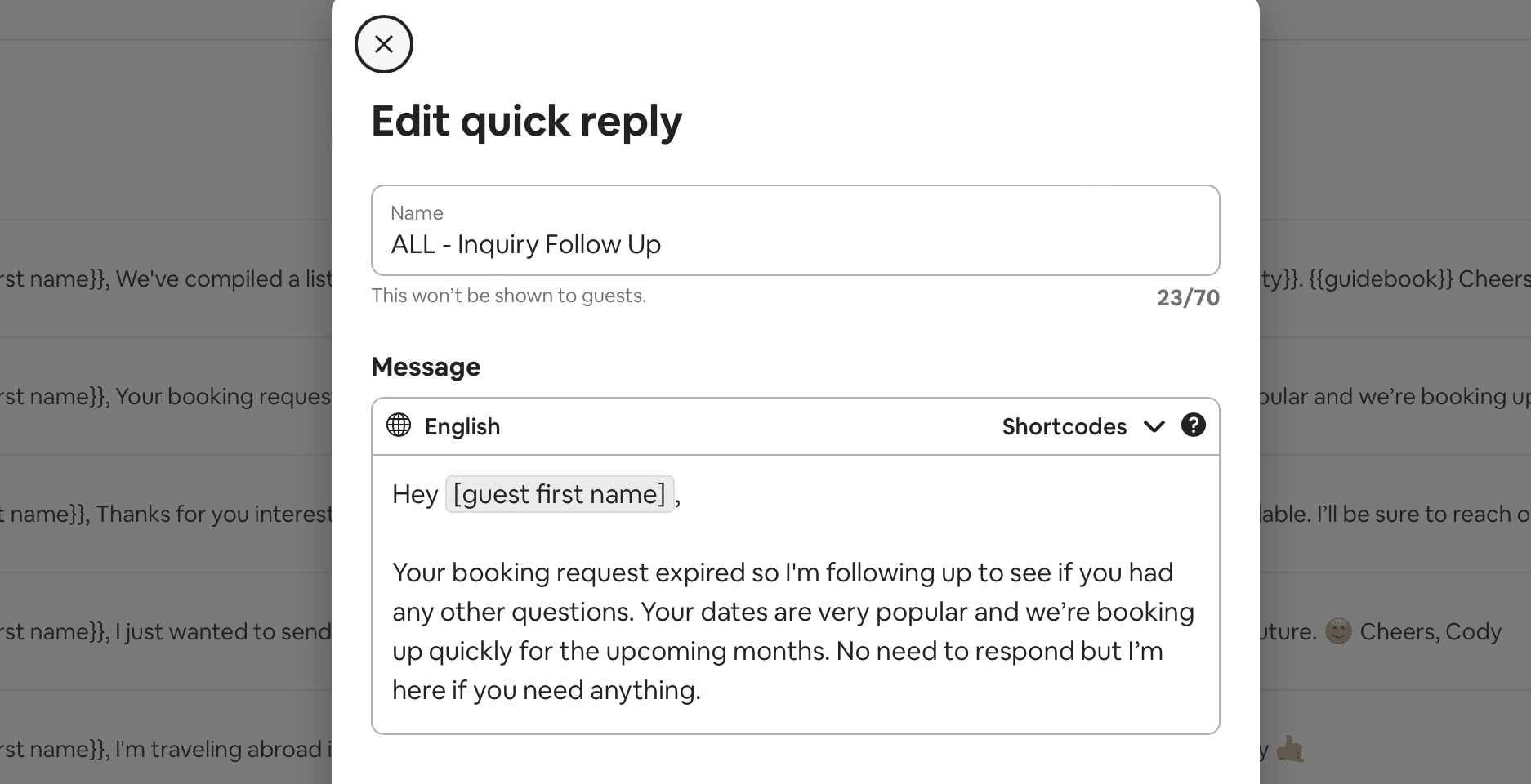 Using quick replies on Airbnb